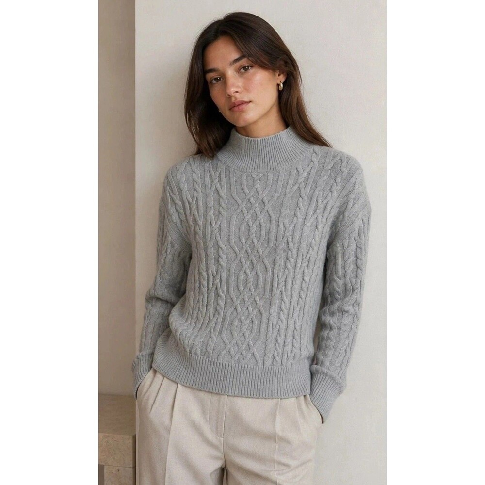 Tahari Cable Fisherman  Knit  Gray Mock Sweater Women’s SP Long Sleeve Classic
